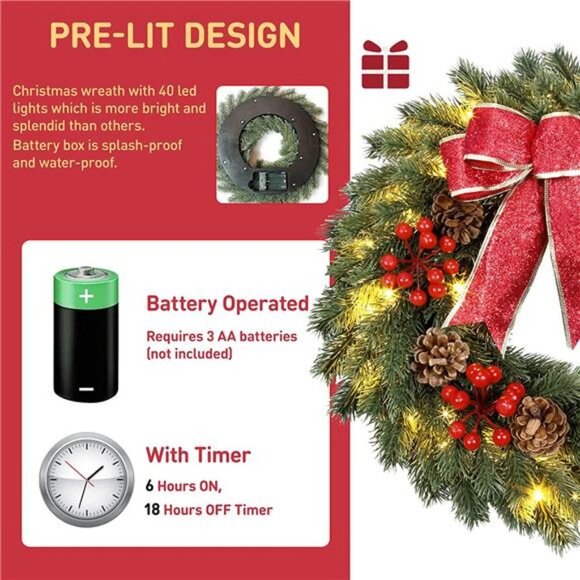 17’’ Christmas Wreath with 40 LED Lights & Hanger - Pre-Lit  Christmas  Wreaths - Picture 1 of 6